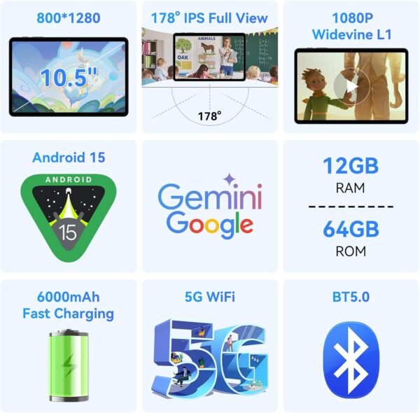 10.1 inch Android 15 Tablet, Quad-core Processor, 12GB (3GB+9GB Extended Memory) RAM +64GB ROM +1TB Expansion, 5G Wi-Fi 6, 2MP + 8MP Dual Cameras, 1280 * 800 FHD IPS Tablet with Keyboard Set - Image 4